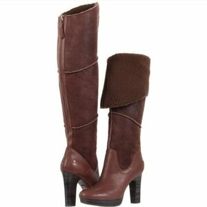 UGG Collection Shearling Brown OTK Heeled Boots Size 10 Dreaux